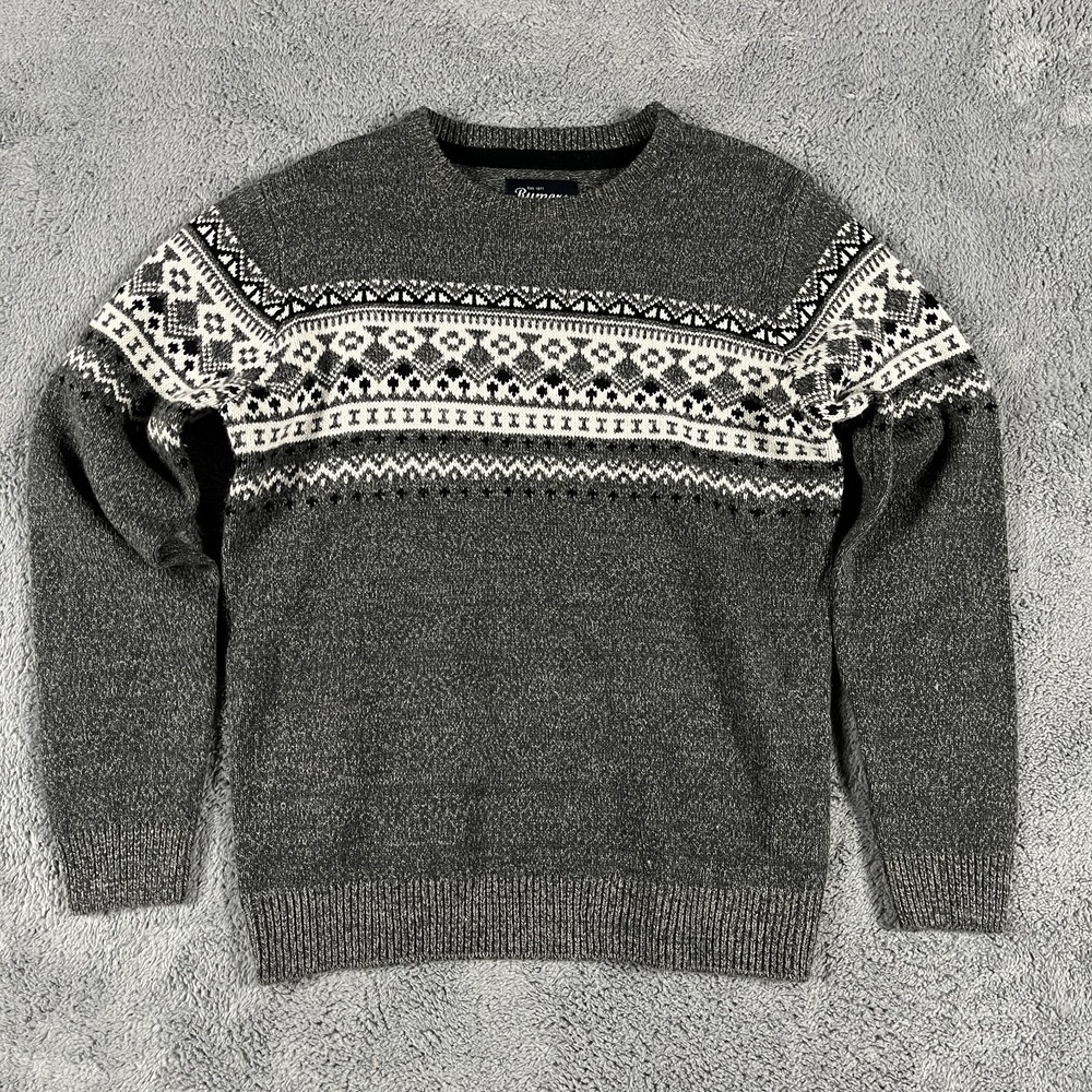 Rumors Sweater Mens Medium Gray Black Fair Isle Long Sleeve Winter Cozy Pullover